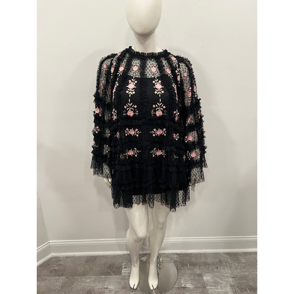 Mac Duggal Mini Dress Womens 8 Black Pink Floral Embroidered Tulle Tiered Ruffle
